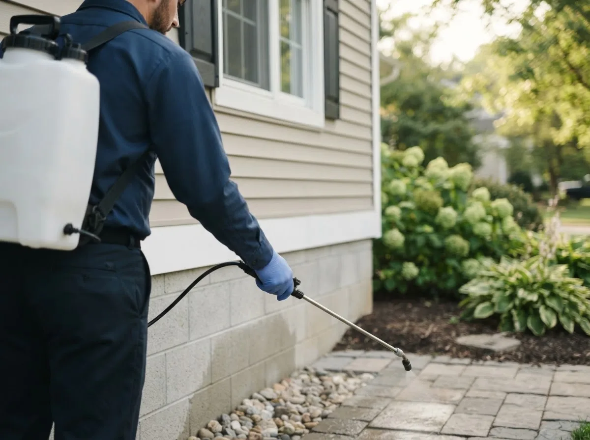 Pest control technician inspecting a home in Herkimer, NY